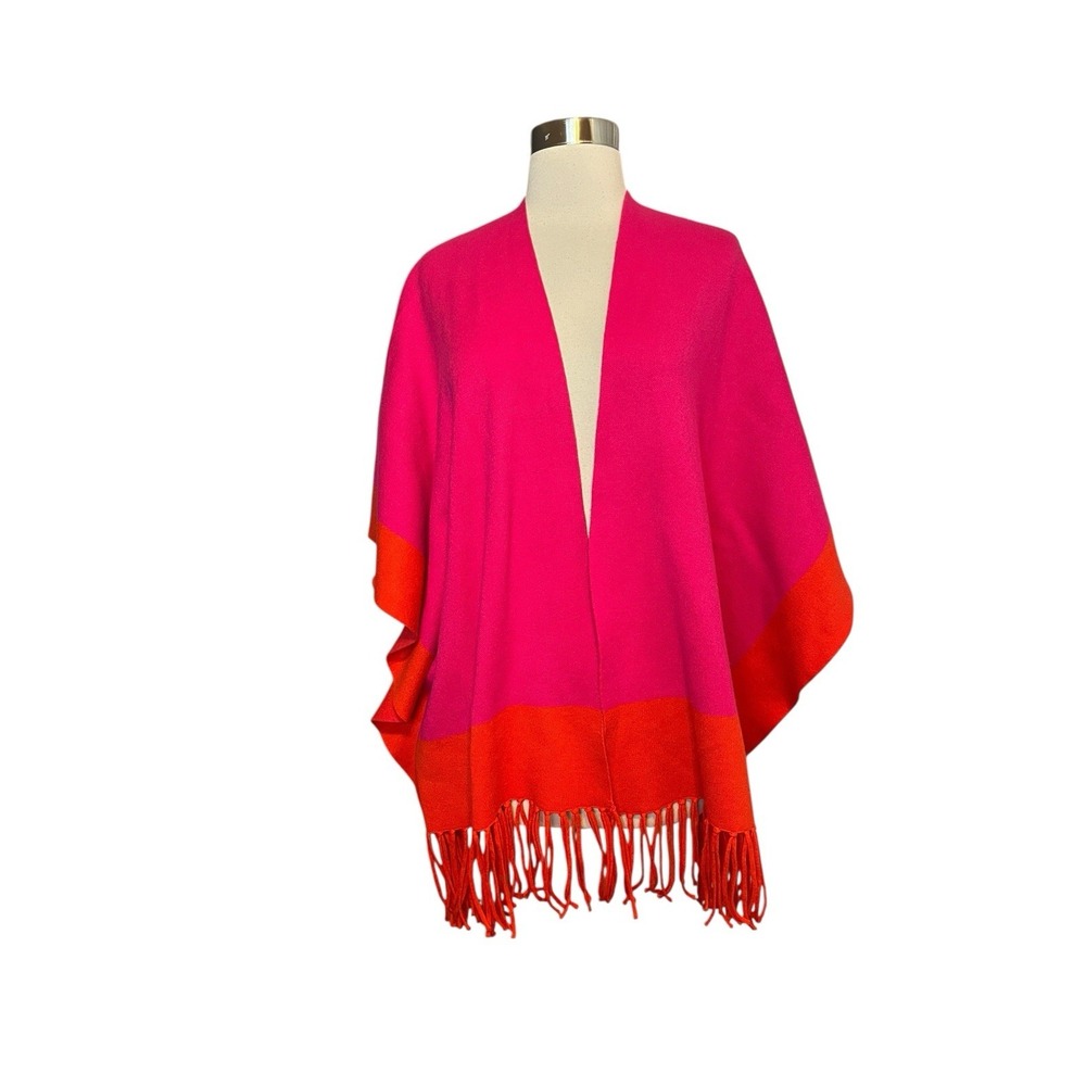 J Marie Poncho Shawl Sweater Pink OrangeSoft Sweater Size M/L Fringe Hem